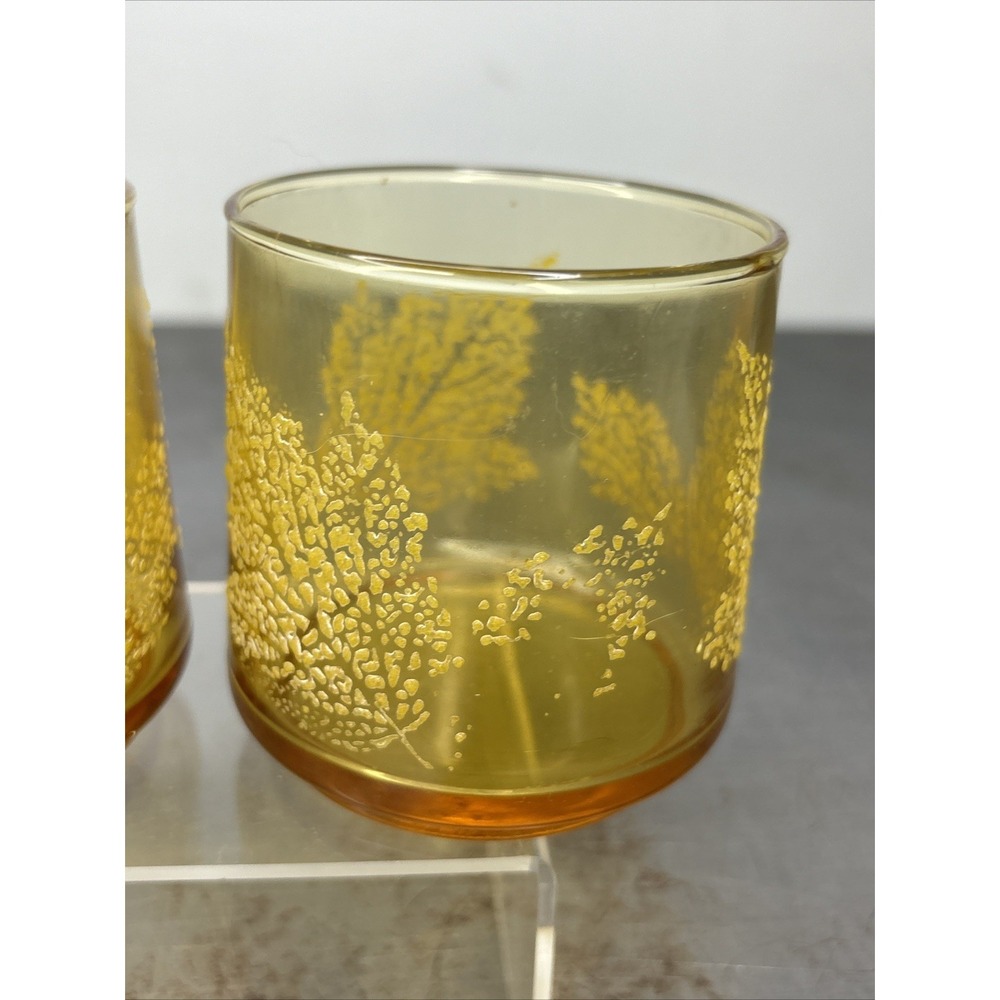 Vintage Amber Glass Leaf Embossed Lowball Juice Glasses MCM Cocktail - Picture 5 of 7